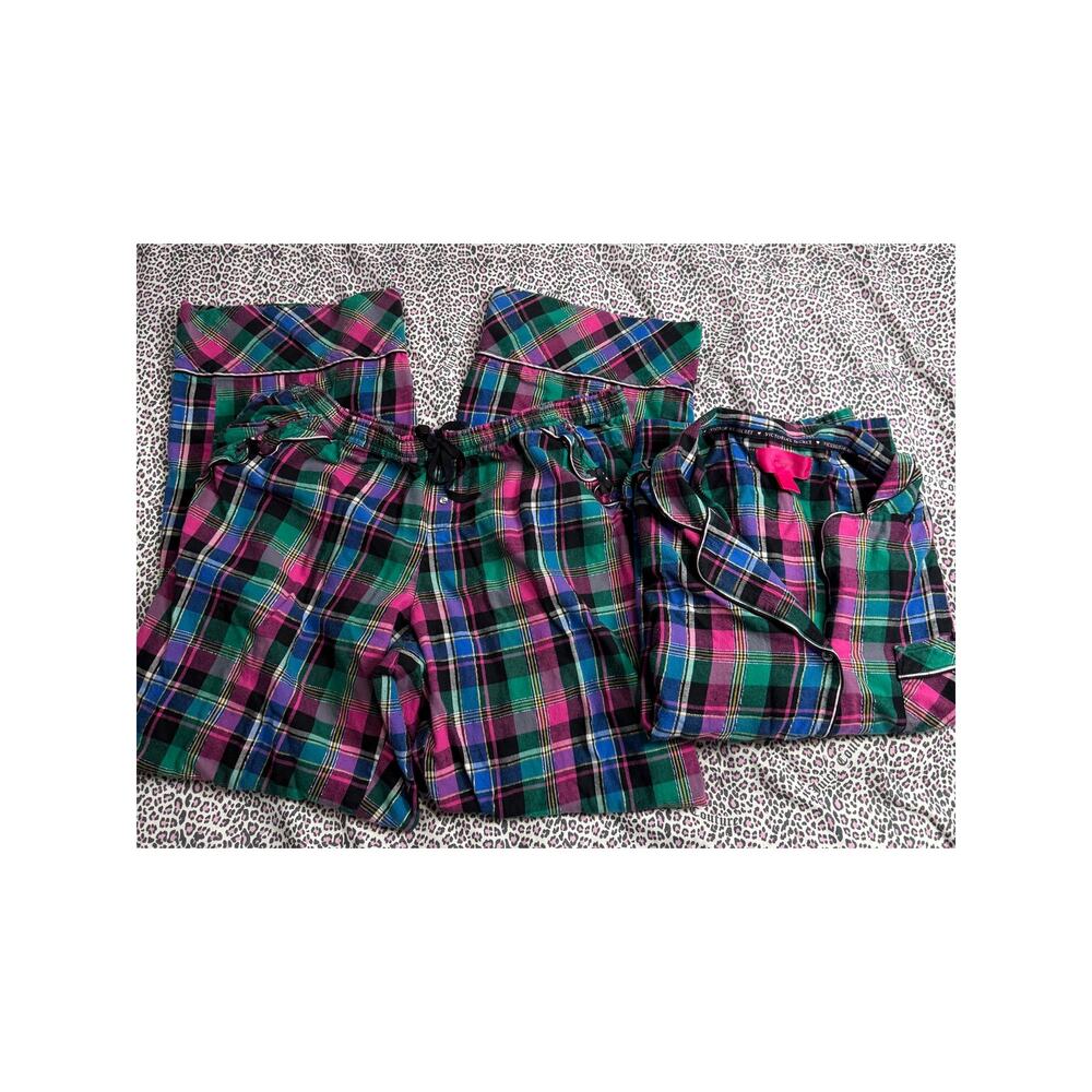 Victorias Secret Metallic Plaid Tartan Flannel Pajama Set Women's‎ LG MED Cozy